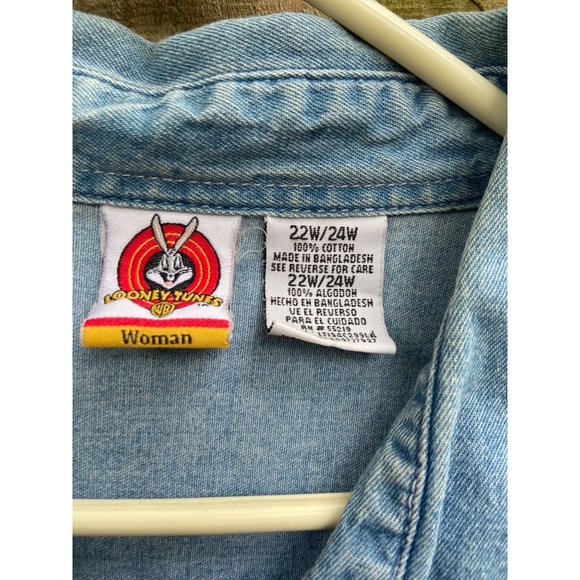 Vintage Looney Tunes Warner Brothers Womens Blue Button Down Shirt Sz 22W - Picture 2 of 7